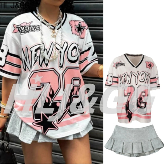 HLJ&GG Pink Fashion Letter Loose Tshirts Two Piece Sets Women V Neck Short Sleeve Top+Pleated Mini Skirts Outfits Y2K Streetwear