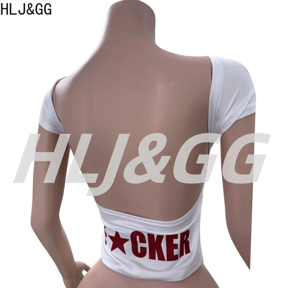 HLJ&GG Red Fashion Letter Backless Tshirts Two Piece Sets Women O Neck Short Sleeve Slim Crop Top And Lace Skirts Shorts Outfits