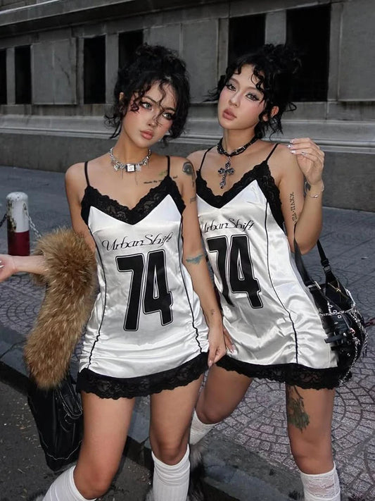 Weird Puss Digital Printing Dress Women Sexy Lace Edges Patchwork Backless Sleeveless Lace-Up Pleated Midnight Club Mini Bodycon