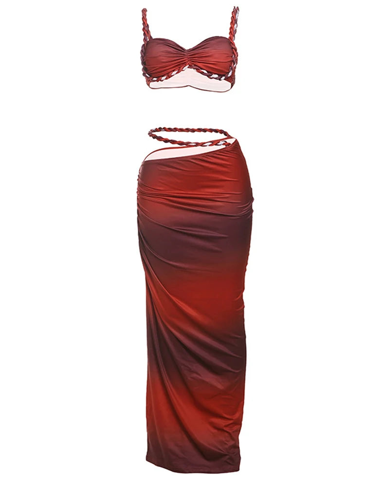 Weird Puss Square Collar 2 Piece Set Women Bra+Skinny Long Skirts Bandage Ruched 2025 Summer Vacation Beach Party Trend Suits