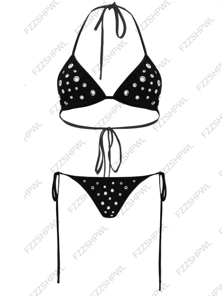 Blue Plaid Lace-up Bow Decorate Kawaii Bikini Sets Halter Striped Bra Underwears Y2k Swimsuits Lolita Bathing Suit Girls