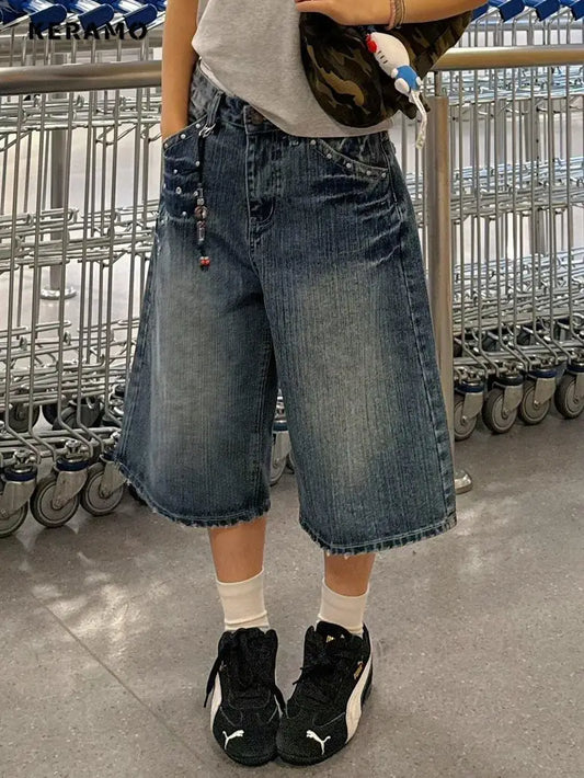 Harajuku Street Style Y2K Vintage Shorts High Waist Baggy Punk Blue Jean Women Casual Loose Fit Calf Length jeans Shorts