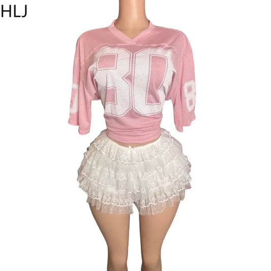 HLJ&GG Fashion Letter Print Loose Tshirts Two Piece Sets Women V Neck Top And Mesh Stacked Shorts Outfit Female Streetwear 2024
