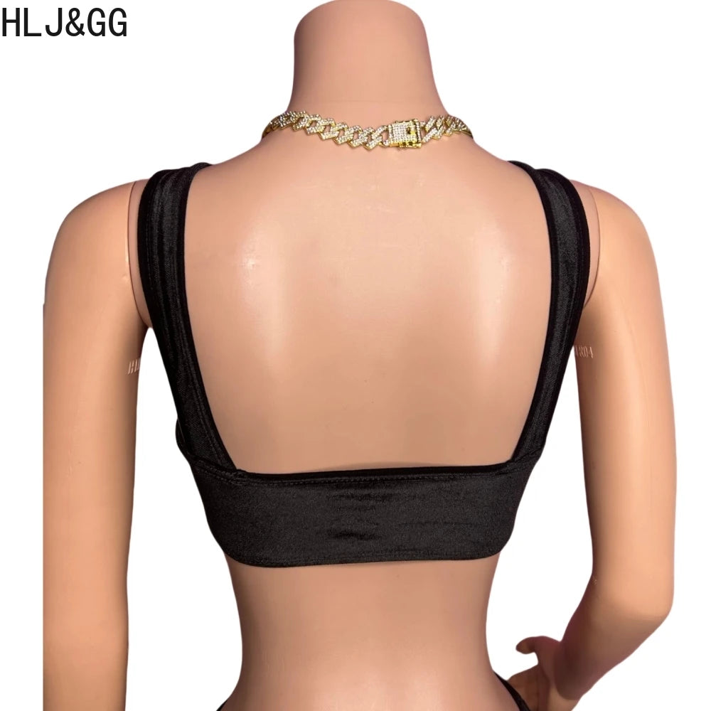 HLJ&GG Sexy Hollow Out Backless Slim Tank Top Women Round Neck Sleeveless Crop Vests Black Fashion Solid Nightclub Clothing 2025