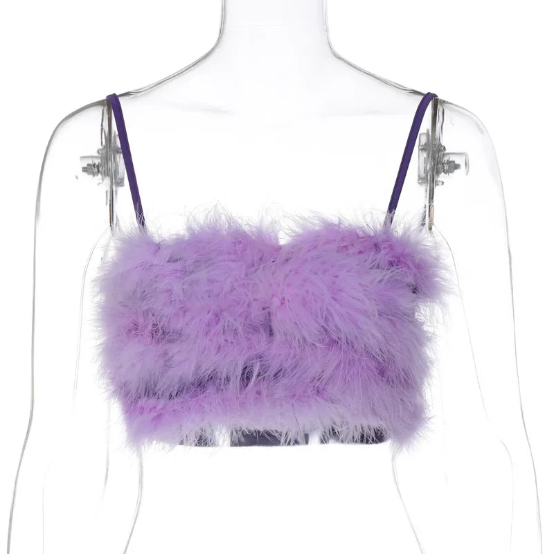 HLJ&GG Sweet Fur Tank Top Fashion Two Piece Set For Women Thin Strap Sleeveless Backless Slim Vest And Mini Puffy Skirt Outfits