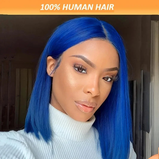 13x4 Lace Front Short Bob Wig Blue Color Straight Navy Blue Bob Transparent Lace Frontal Wigs Human Hair For Black Woman 10 Inch
