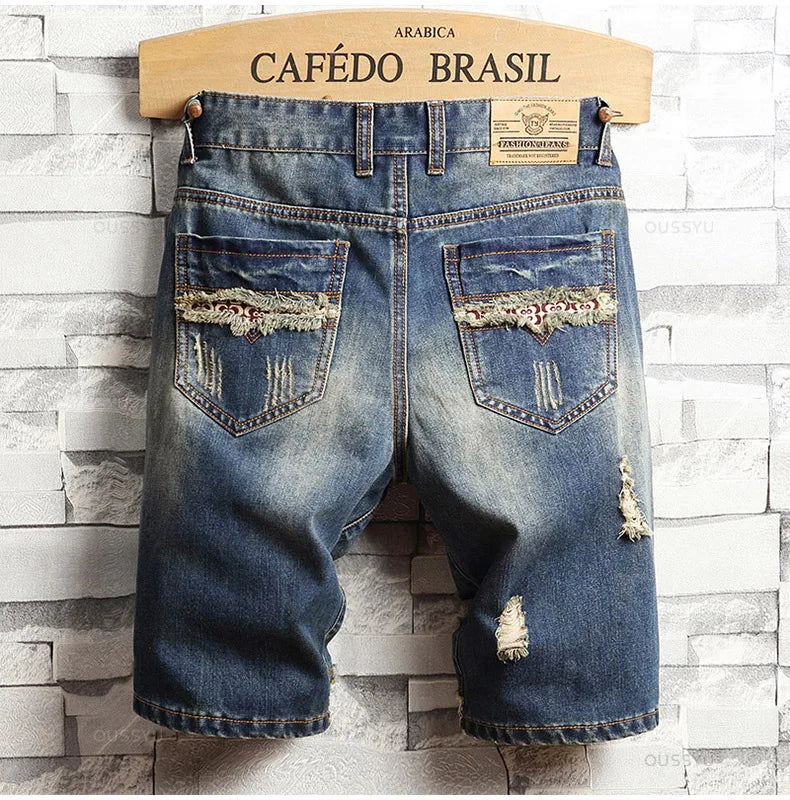 Brand Clothing New Summer Ripped Hole Denim Shorts Men Cotton Thin Straight Retro Biker Knee Length Short, Male Streetwear