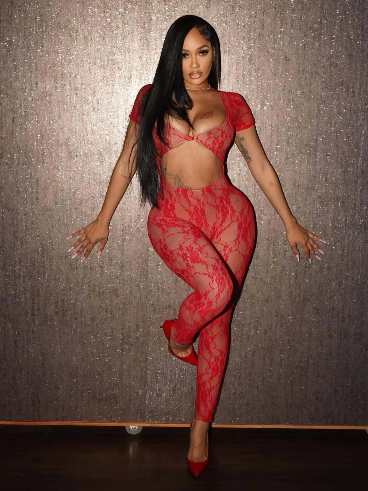 Weird Puss Sexy Backless Fitness Jumpsuit Women Hollow Short Sleeve Jacquard Skinny Activity Midnight See Through Long Overalls