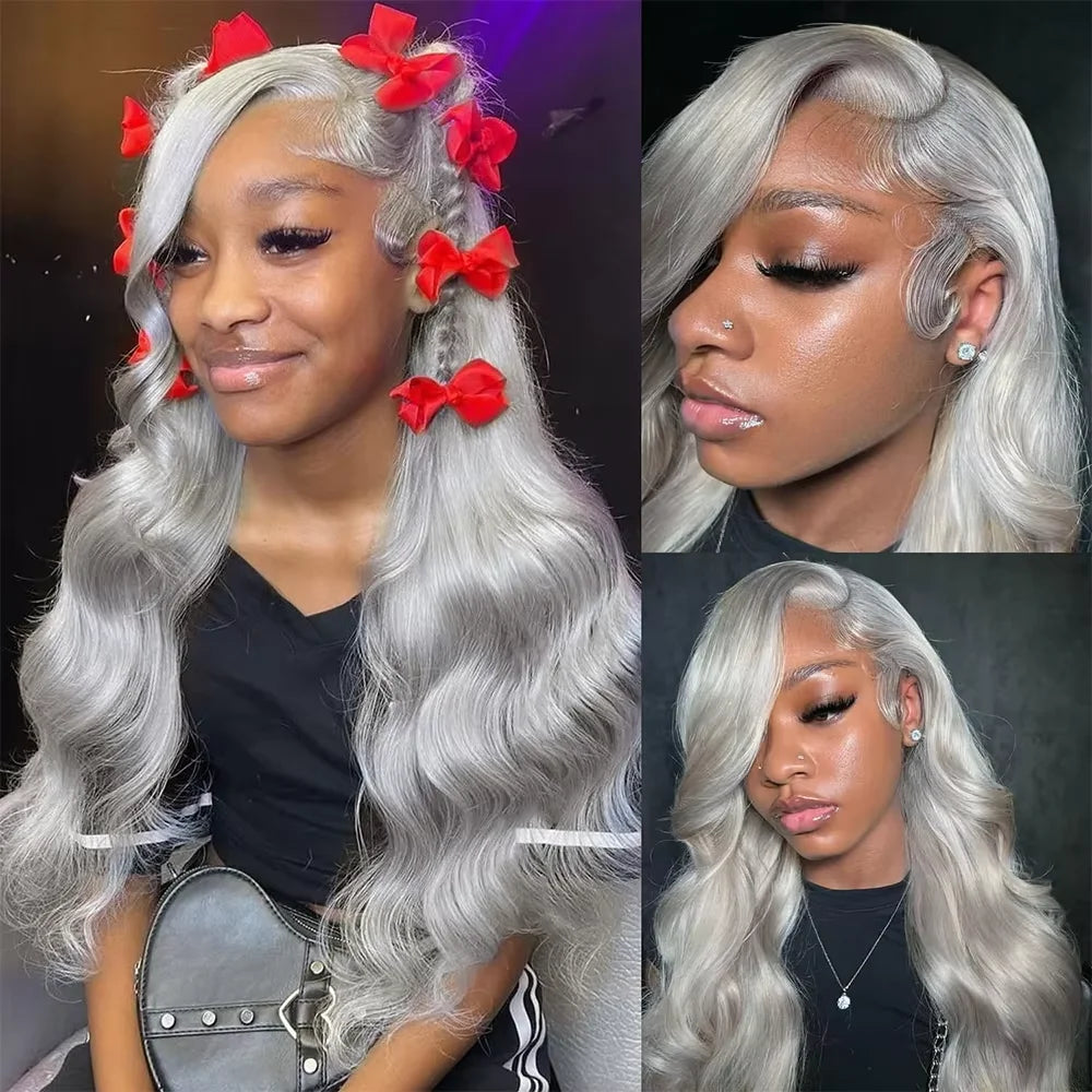 100% Vietnamese Silver Grey Lace Front Wig Human Hair Lace Frontal Wig Body Wave 13x4 HD Lace Platinum Blonde Colored Gray Wigs