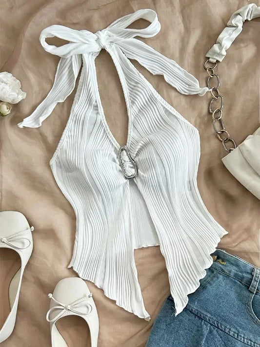 Sexy V-neck Halter Neck Crop Top for Women Summer Sleeveless Solid Split Backless Top Y2K Clothes