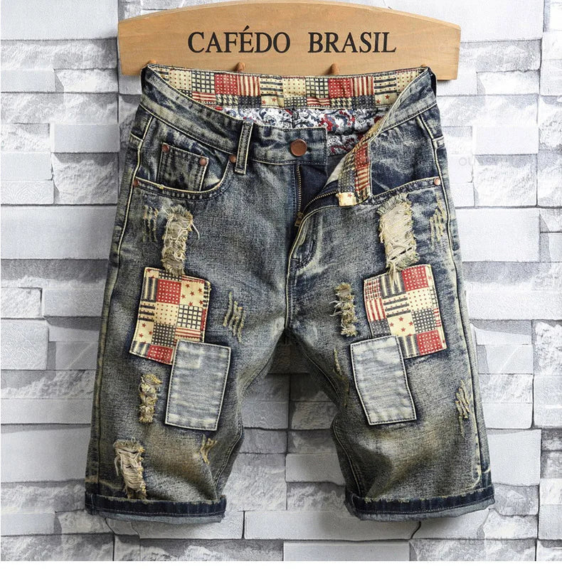 Brand Clothing New Summer Ripped Hole Denim Shorts Men Cotton Thin Straight Retro Biker Knee Length Short, Male Streetwear