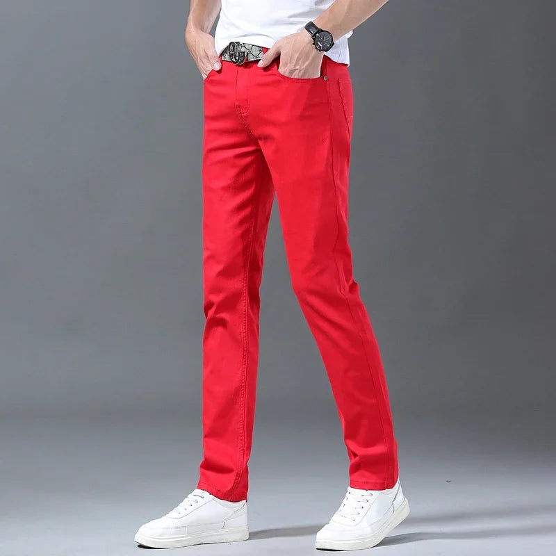 White Yellow Pink fashion 5 Color Men's Cotton Casual Pants Jeans Slim Straight Solid Color Business Trousers Four Seasons Brand