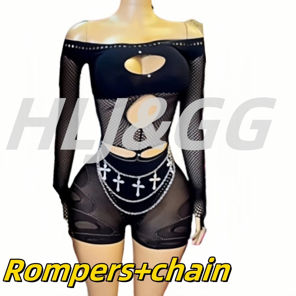 HLJ&GG Sexy Lace Hollow See Though Two Piece Sets Women V Neck Spaghetti Strap Slim Crop Top + Shorts Outfits Fashion Streetwear