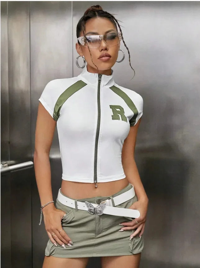 HLJ&GG Fashion Letter Embroidery Two Piece Sets For Women Zipper Short Sleeve Slim Top And Puffy Mini Skirts Outfits Streetwear