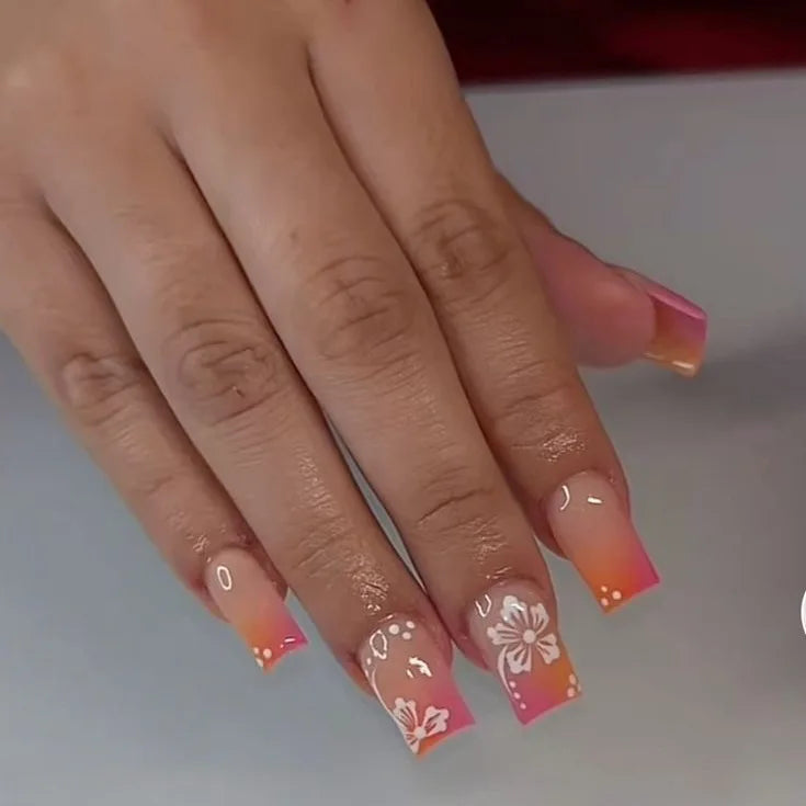 24Pcs Fairy White Flower Fake Nails Pink French Tip Press on Nails Short Square Wearable False Nail for Girls DIY