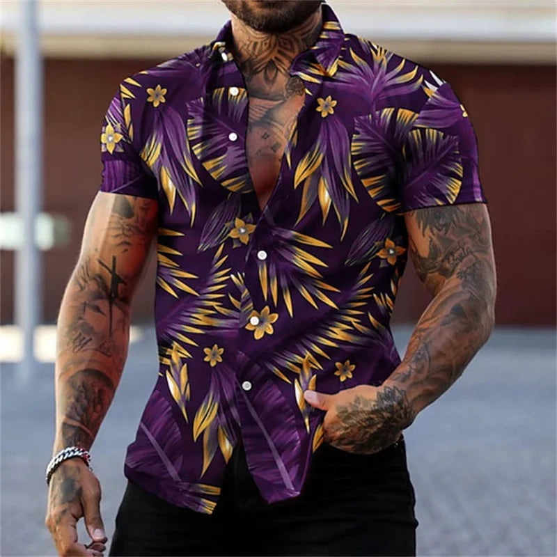 Men's black and gold flower shirts Summer plant print lapel shirt Hawaiian style beach short sleeved button up