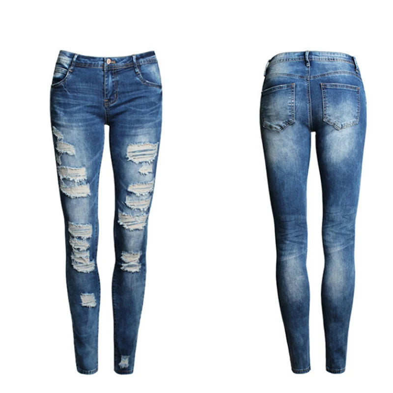 Women Jeans Blue Slim Ripped Jeans for Women Skinny Distressed Washed Stretch Mom Jeans High Waist Pants Femme Bleached
