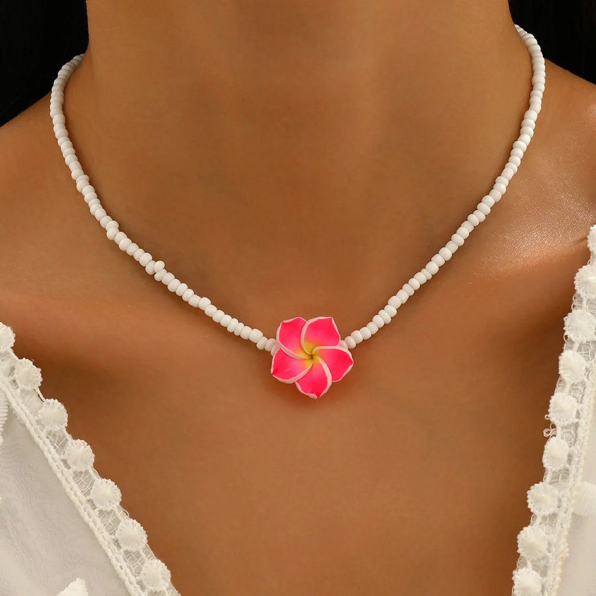Boho Y2K Polymer Clay Flower Charm Necklace For Women Handmade Beaded Choker Necklace Girls Summer Jewelry Vacation Accessories