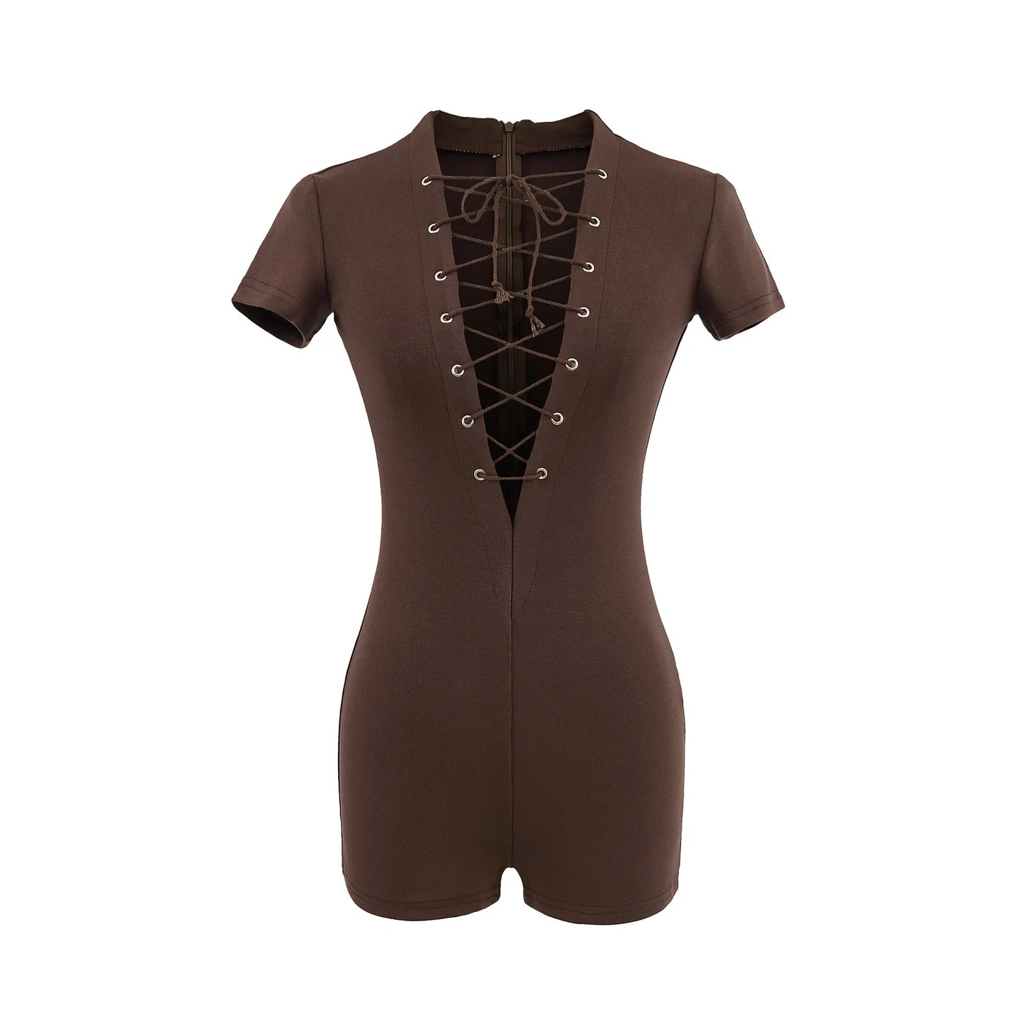 HLJ&GG Sexy Hollow Out Bandage Bodycon One Piece Rompers Women V Neck Short Sleeve Slim Jumpsuits Fashion Overalls Streetwear