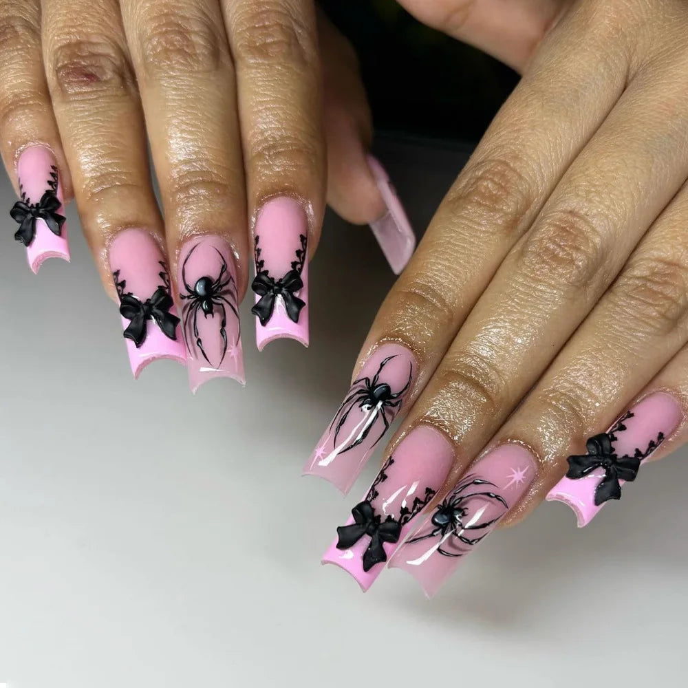 24pcs Glitter Pink Sequins Fake Nails 2025 Halloween Scary Skull Love Print False Nails Wearable European Ballet Press on Nails