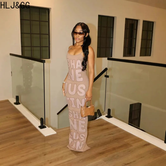 HLJ&GG Summer New Letter Print Bodycon Spaghetti Strap Long Dresses Women Sleeveless Backless Slim Vestidos Fashion Streetwear
