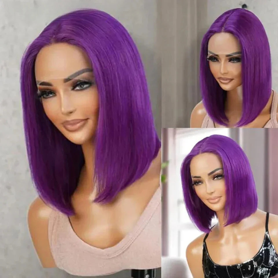 Brazilian Cosplay Purple Hair 13x5x1 T Part Transparent Lace Front Human Hair Wigs 180D Short Straight Lace Bob Wigs Human Wigs