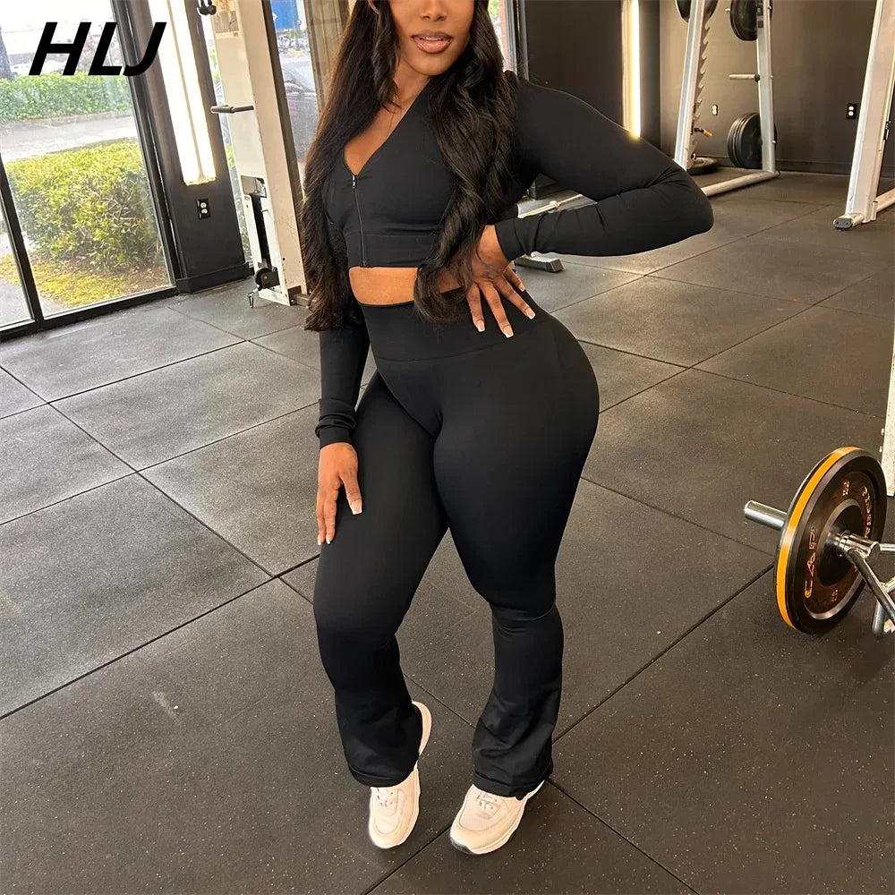HLJ&GG Casual Solid Bodycon 3 Piece Sets Outfit Women Slim Crop Tops + High Waist Flare Pants Long Sleeves Coats Tracksuits 2024