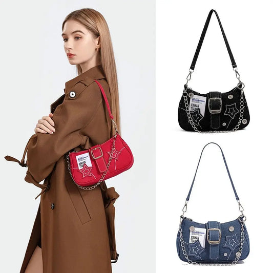 Y2K Canvas Chain Shoulder Bag jeans Stars Pattern Underarm Bag Women's Handbag for Woman Girls