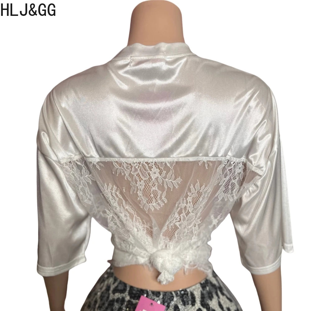 HLJ&GG Sexy Lace Splicing Letter Print Loose Tshirts Women V Neck Short Sleeve Straight Tops Fashion See Though Club Streetwear
