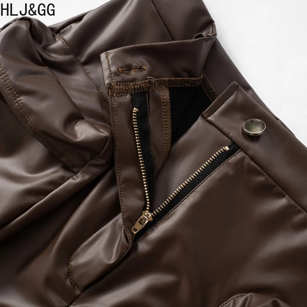 HLJ&GG Brown Y2K Fashion Leather Cargo Shorts Two Piece Sets Women Off Shoulder Zip Slim Crop Top And Shorts Outfits Streetwear