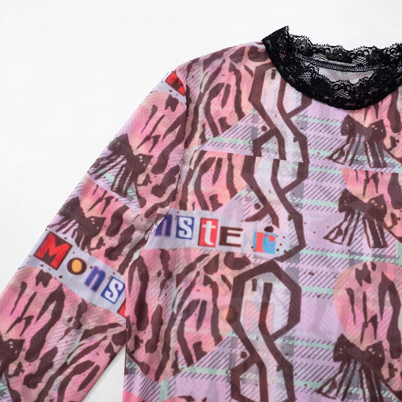 Weird Puss See Through Women 2 Piece Set Sexy Black-Edged Lace Sexy Full Sleeve Crop Tops+Shorts Matching Club Stretch Outfits