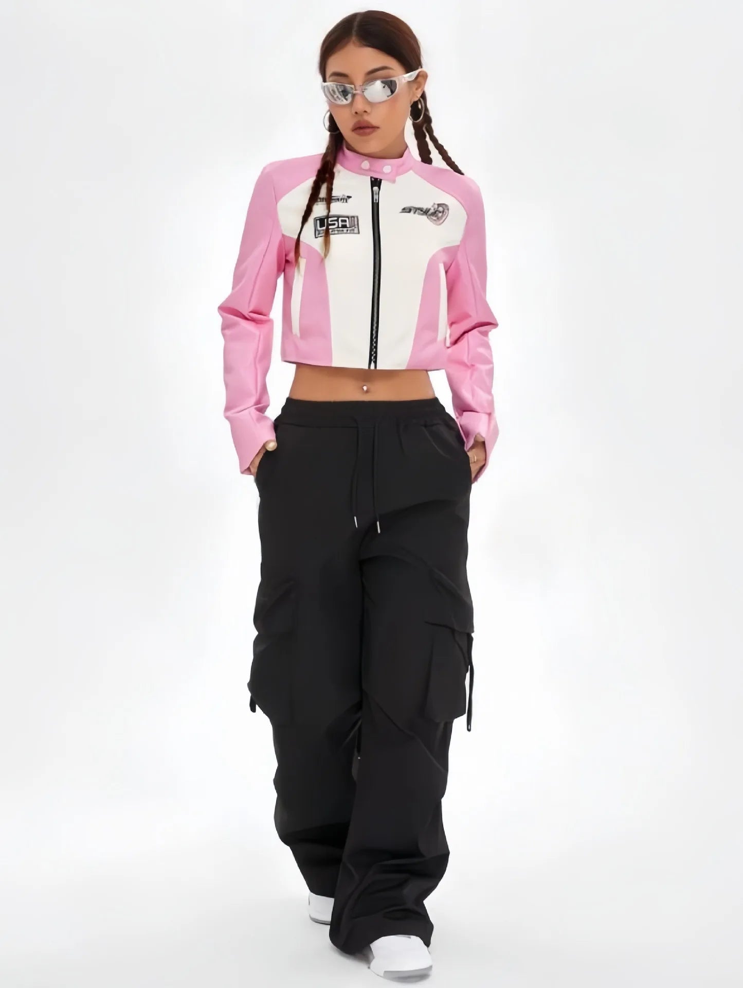 HLJ&GG Pink Letter Print Leather Jacket 3 Piece Sets Women Vest+Long Sleeve Crop Top+Shorts Outfits Fashion Cool Girl Streetwear