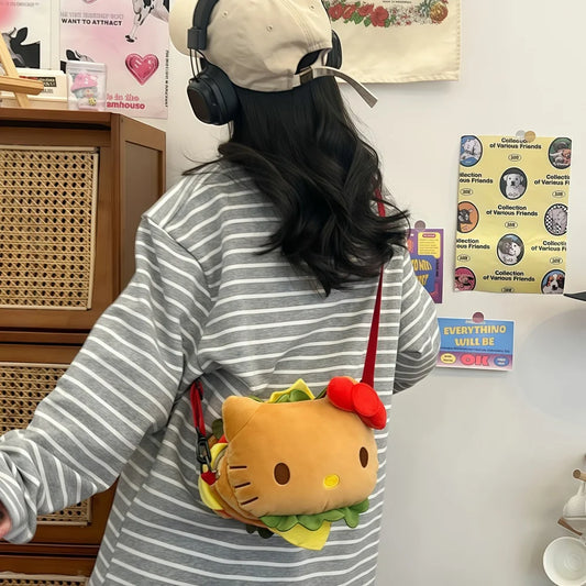 Hello Kitty Kawaii Hamburger Plush Mini Crossbody Bag Adorable Shoulder Purse for Teen Girls Kawaii Fashion Shoulder Bagfor Girl
