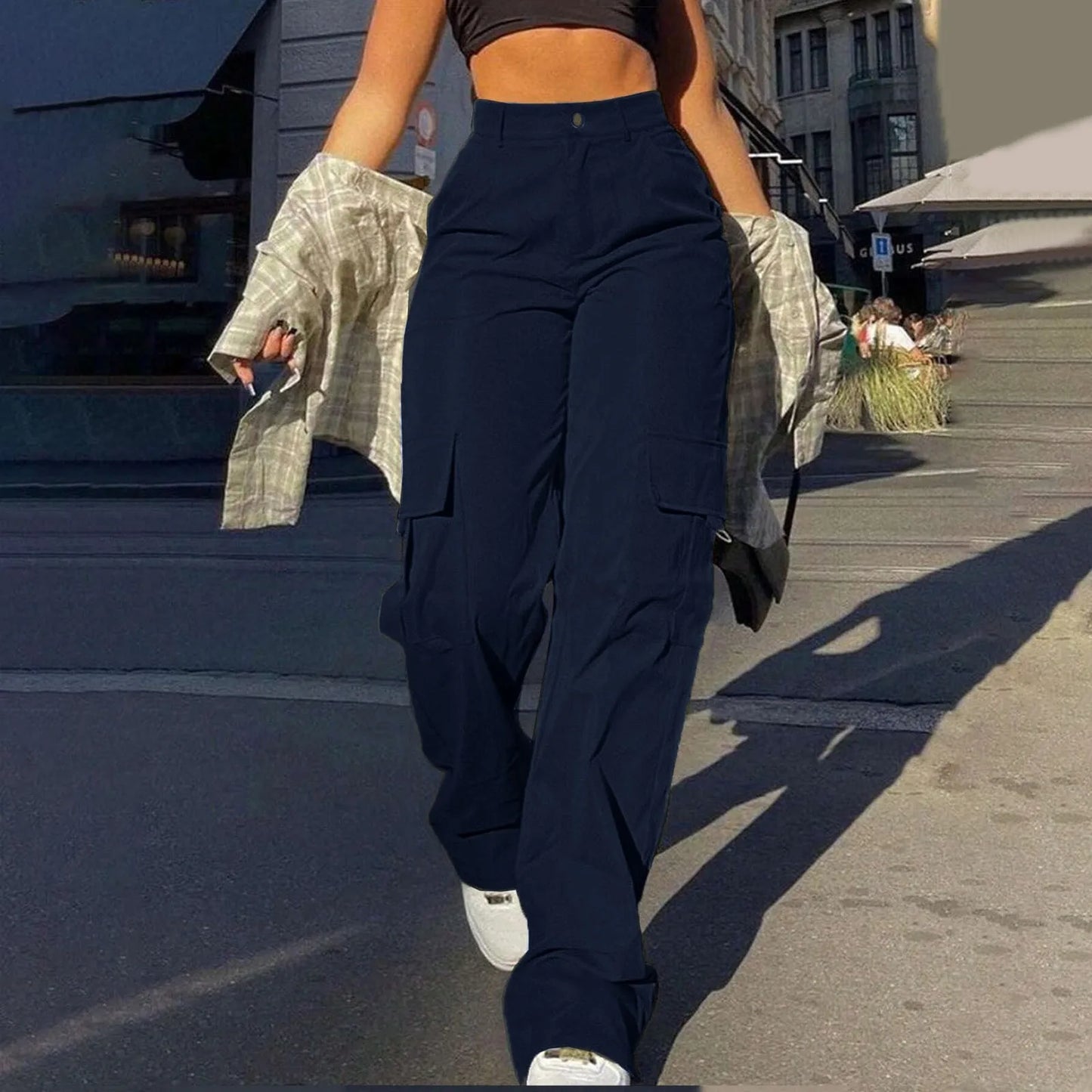 Women Cargo Pants With Pockets Stretch High Waisted Casual Sweatpants Straight Wide Leg Long Pants Sporty Jogger Trouser