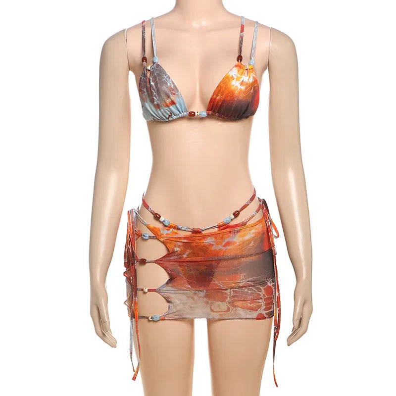 HLJ&GG Sexy Printing 2 Piece Sets Woman Outfits Spaghetti Strap Crop Bra Top+Bikini Shorts + Skirt Matching Suit Female Holiday