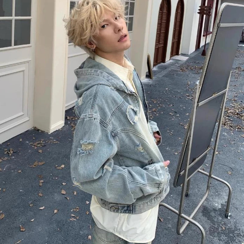 New Hooded Mens Denim Jacket 2024 American Retro High Street Loose Couple Tops Hip Hop Streetwear Trendy Washed Cowboy Coats