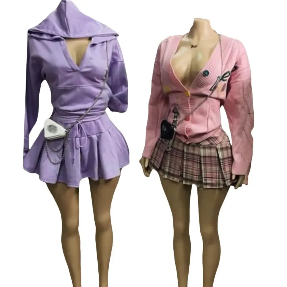 HLJ&GG Winter Embroidery Knit Sweater Coats Two Piece Sets Women Button Long Sleeve Top And Plaid Aline Skirts Outfit Streetwear