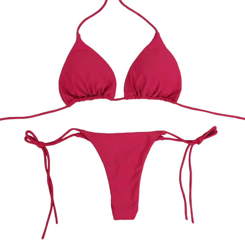 Solid Color Tie-Side G-String Bikini Set Breathtaking Bathing Suit with Feminine Bandage Design Sexy Brazilian Bikini Beachwear