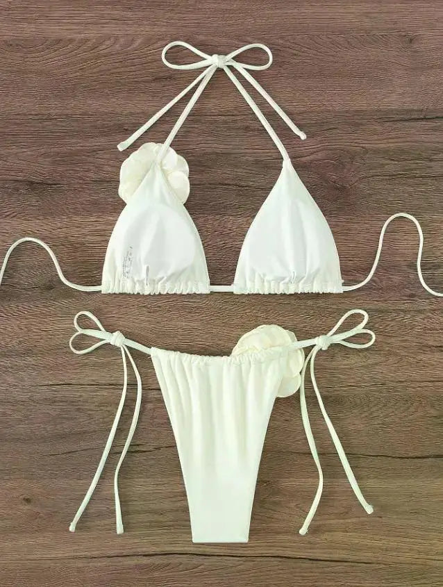 S - L Sexy 3D Flowers Halter Strappy Bikini, Swimwear Swimsuit Two-pieces Bikini Set Bather Bathing Suit Swim