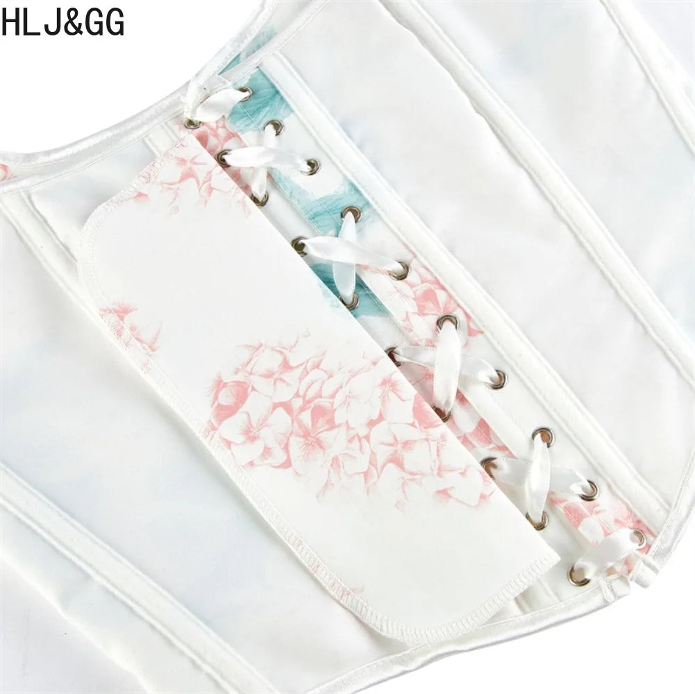 HLJ&GG Y2K Sexy Print Bandage Slim Vest Two Piece Sets Women Sleeveless Backless Crop Top And Ruffle Mini Skirts Outfits Fashion