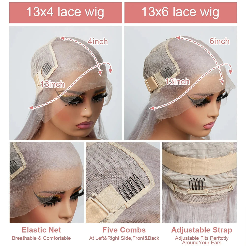 Silver Grey Straight Lace Front Human Hair Wig 40 Inches Colored HD Transparent 13x6 Lace Frontal Wig for Women Preplucked 250%
