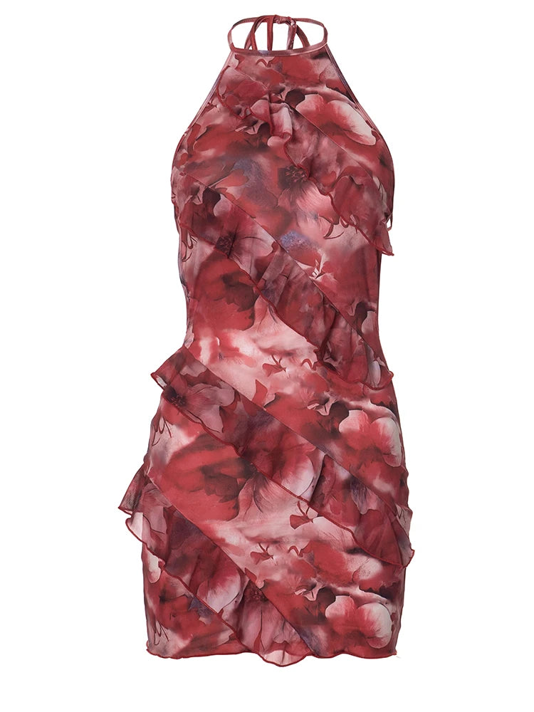 Weird Puss Multilayer Ruffles Dress Women Y2K Backless Halter Tie-Dye Flowers Sleeveless Sexy Stretch Elegant Clubwear Bodycon