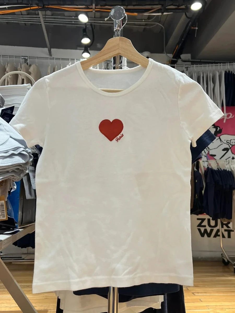 Sweet Star Appliques Slim Crop Top ladies Round Neck Short Sleeve Cotton Cropped T Shirt Summer Cute All-match T-shirts Y2K Tops