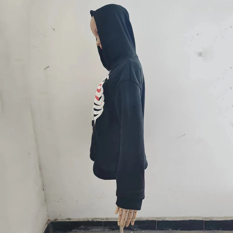 Y2K Zip Rhinestone Women Hoodie 2025 Oversized Hoodies E-girl Goth Punk Jacket Long Sleeve White Sweatshirts Trend Streetwear