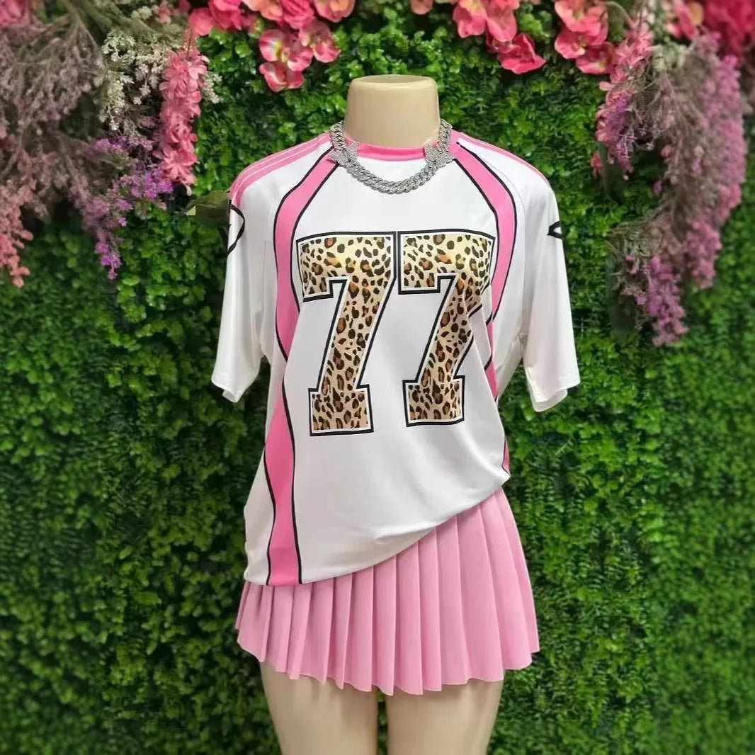 HLJ&GG Fashion Y2K Letter Leopard Puffy Mini Skirts Two Piece Sets Women Round Neck Short Sleeve Top + Skirts Outfits Streetwear