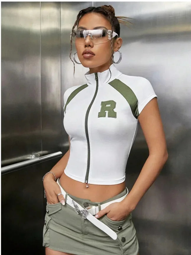 HLJ&GG Fashion Letter Embroidery Two Piece Sets For Women Zipper Short Sleeve Slim Top And Puffy Mini Skirts Outfits Streetwear