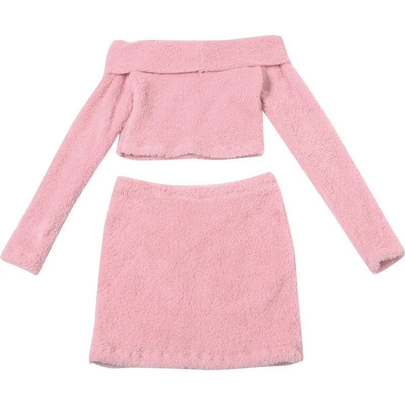 HLJ&GG Fashion Off Shoulder Fur Mini Skirts Two Piece Sets Women Long Sleeve Backless Slim Crop Top And Skirts Outfit Streetwear