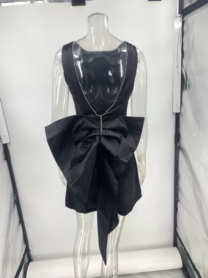 2025 Summer Luxurious Women Satin Party Evening Dress Elegant Sleeveless O Neck Bow Celebrity Guest Cocktail Dress