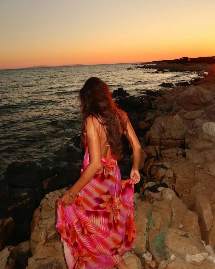 STYLISH LADY High Split Floral Printed Long Dress 2025 Summer Women Spaghetti Strap V Neck Backless Boho Beach Holiday Dresses