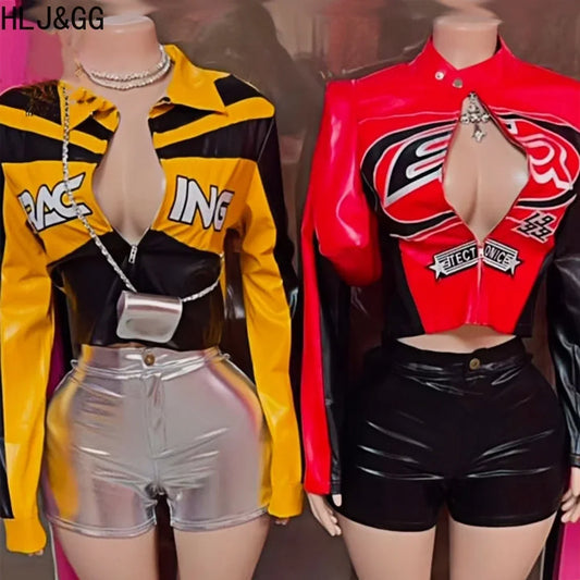 HLJ&GG Trendy Women's Outfits Women Leather Punk Letter Embroidery Crop Jacket And Button Shorts Two Piece Sets Y2K Streetwear